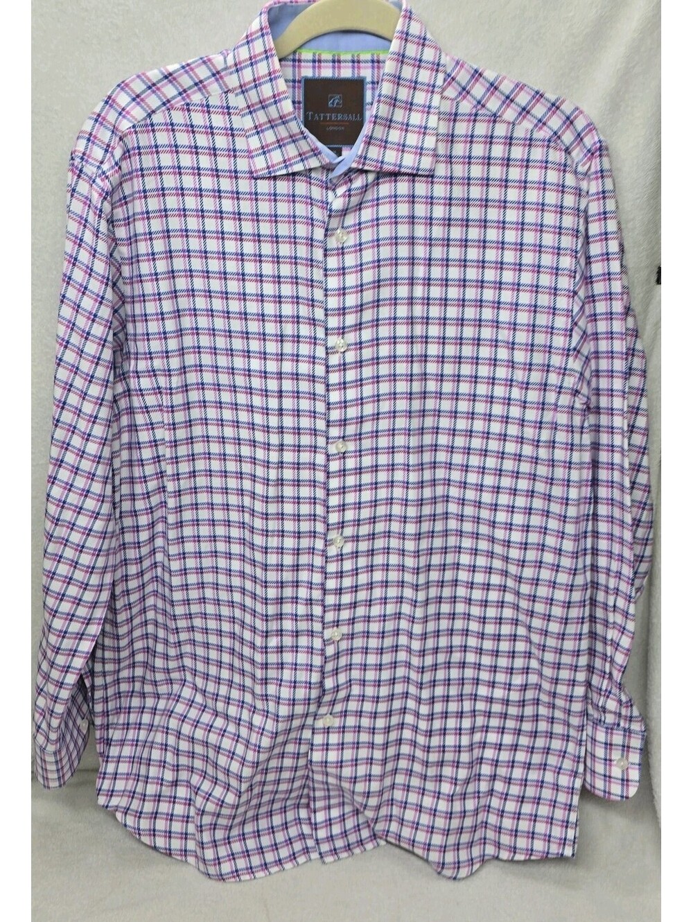 James Tattersall London Mens L 16 Check Cotton Long Sleeve Shirt Button Up Shirt